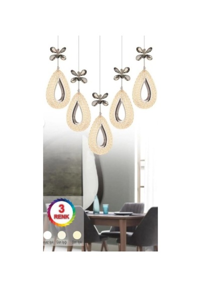 Damla 5 Li Gümüş Yemek Masası Üstü 3 Renk Ledli Kumandalı Modern Sarkıt Led Avize