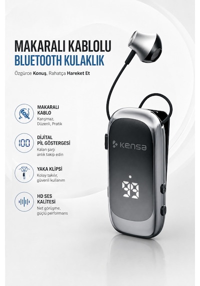 Kensa Makaralı Kulaklık Bluetooth 6.0 20 Saat Konuşma Dijital Ekran Titreşimli Hızlı Şarjlı