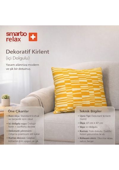 Smarto Relax Içi Dolgulu Kırlent 45x45 Cm Kare Salon & Berjer Kırlenti - Smr-kır-020 Beyaz - Sarı