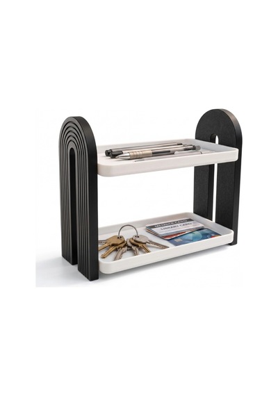 İki Katlı Masa Üstü Organizer - Art Deco Tasarım, Siyah/beyaz