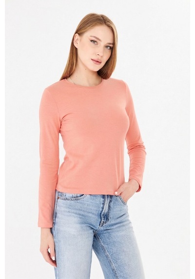 Sortie Collection Bisiklet Yaka Pamuklu Uzun Kollu Basic Penye Tişört Bluz Pudra