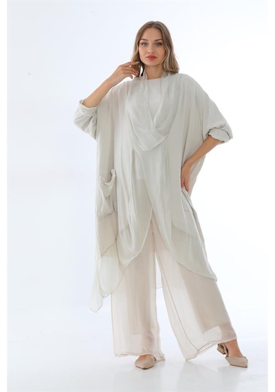 Bohem Stil Italyan Ipek Detaylı Oversize Kap Bluz- Wes Pantolon Takım-8789 Bej