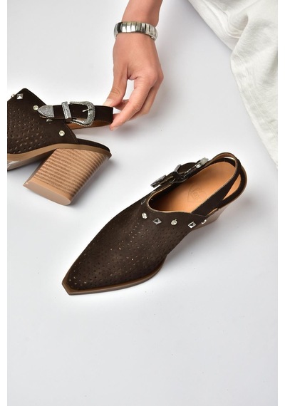 Fox Shoes Y654329102 Kahverengi Hakiki Deri Süet Zımba Detaylı Western Topuklu Ayakkabı