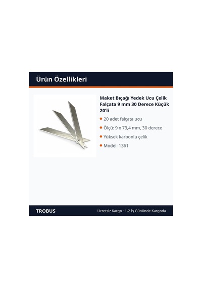 Trobus Maket Bıçağı Yedek Ucu Çelik Falçata 9 Mm 30 Derece Küçük 20'li