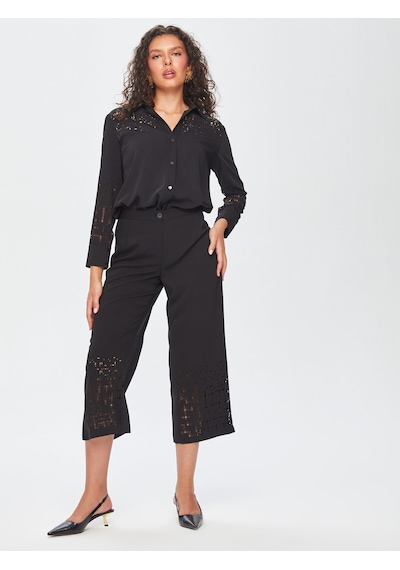 Faik Sönmez Paçası Delik İşli Wide Leg Fit Pantolon 69467 U6946710 Siyah
