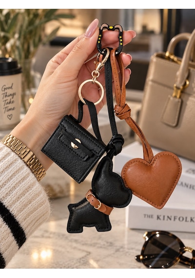 Siyah Köpek Figürlü Çanta Charm Mini Çanta Ve Kalp Detaylı Bag Charm Çanta Süsü Anahtarlık