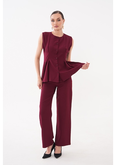 Diemmood Kadın Pilise Detaylı Bordo Yelek Pantolon Takım