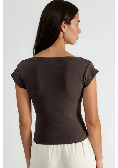 Hiccup Busem Slim Fit Ribana U Yaka Bluz Kahve Kahvesi