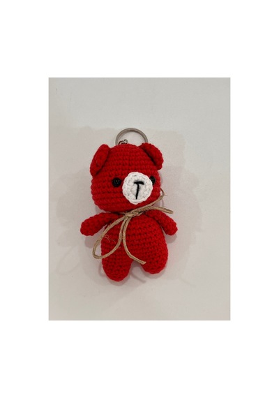 El Yapımı Amigurumi Ayıcık Anahtarlık - Örgü Figür, Jüt Fiyonklu 9-10 Cm Açık Bordo Açık Bordo