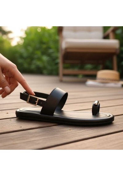 Ne&ve Shoes Siyah Hakiki Deri Parmak Arası Arkadan Tokalı Kadın Günlük Sandalet