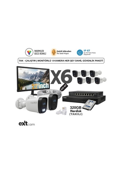 Monitör Dahil 6 Kameralı Ultra Hd Ip Güvenlik Seti Sesli Kayıt - Renkli Gece Görüş - Tak Çalıştır Tam Paket