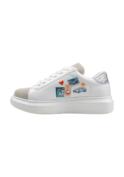 Kadın Vegan Deri Beyaz Sneakers - Travel Collage Tasarım Çok Renkli