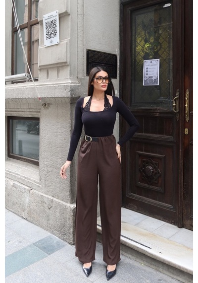 Kechi Woman Linda Twill Kumaş Kemer Detay Pantolon Kahverengi