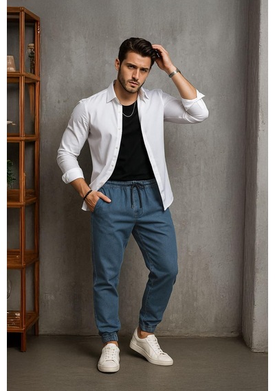 Banny Jeans Erkek Beli Lastikli Jogger Pantolon Mavi