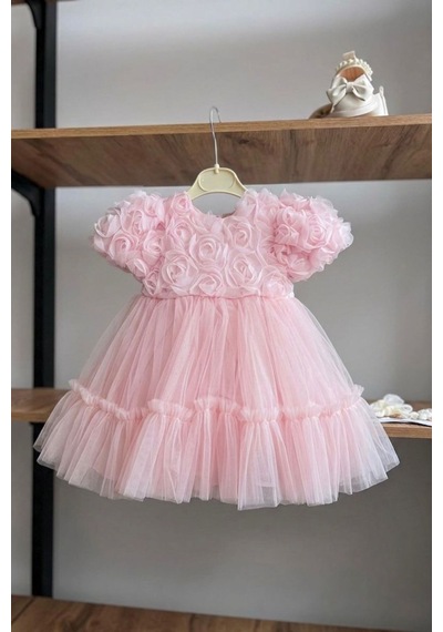 Miniğimin Cicileri Gül Desenli Kız Çocuk Kısa Kol Abiye Elbis... Pembe