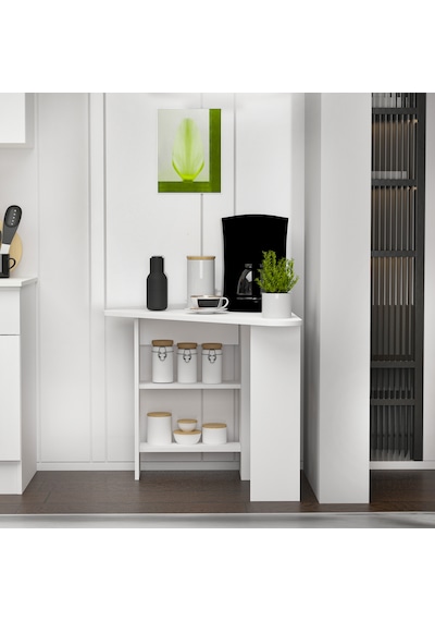 Corner Kahve Köşesi Çok Amaçlı Raflı Mutfak Masası, Beyaz Beyaz