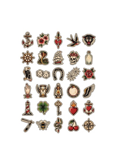 30 Adet Vintage Klasik Dövme Sticker Seti - Laptop Defter Telefon Valiz İçin Çok Renkli