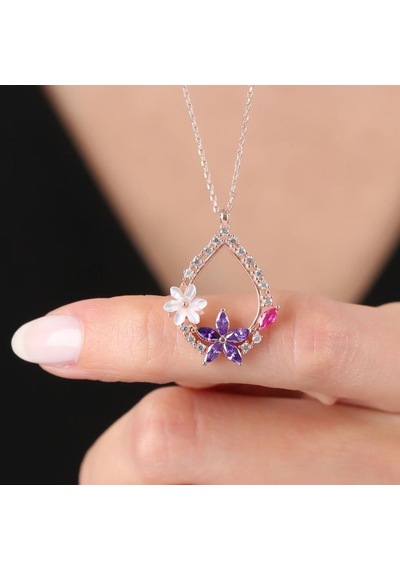 Mia vento Manolya Çiçeği Ametist Damlası Rose Renk Flowers Gümüş Kolye