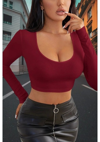 Beru Bordo Derin U Yaka Crop Top Uzun Kollu Dar Kesim Kadın Bluz L - XL