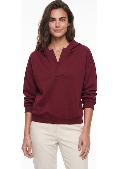 Onloox Kadın Bordo Bordo Pamuklu V Yaka Kapişonlu Uzun Kollu Ribana Detaylı Rahat Form Sweatshirt
