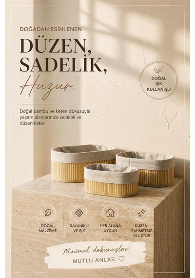 3'lü Oval Kumaşlı Çok Amaçlı Bambu Sepet Seti Kahverengi