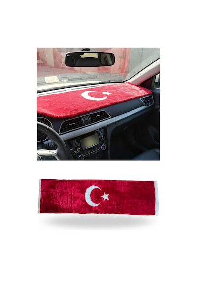 Türk Bayraklı & Ayyıldız Desenli Uzun Tüylü Yumuşak Torpido - Pandizot Koruyucu Pelüş Örtü Halı