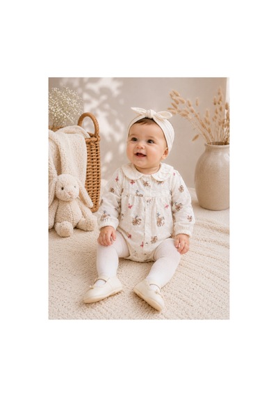 Omeca Concept Kız Bebek Bambi Desenli Uzun Kollu Yakalı Body Zıbın Beyaz