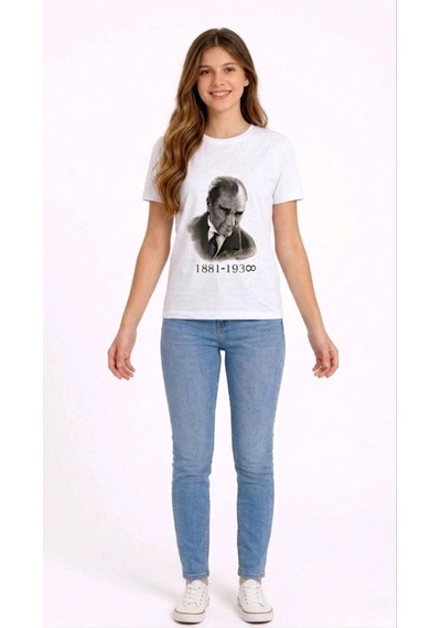 Barlashive Kız Çocuk Atatürk Baskılı Tişört Kısa Kollu Bisiklet Yaka T-shirt - Beyaz Çok Renkli