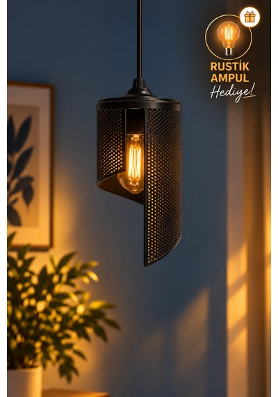 Spiral Tekli Sarkıt Avize Modern Özel Tasarım Salon Mutfak G95 Rustik Led Ampul Hediyeli Siyah