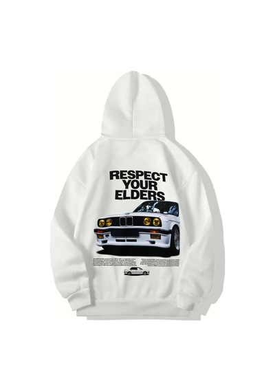 Brz Collection Unisex Oversize Respect Your Elders Bmw Hoodie Beyaz