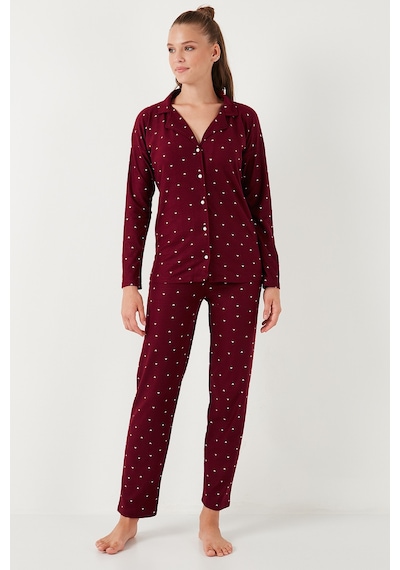 Lela Streç Standart Fit Düğmeli Bayan Pijama Takımı 60956601 Bordo