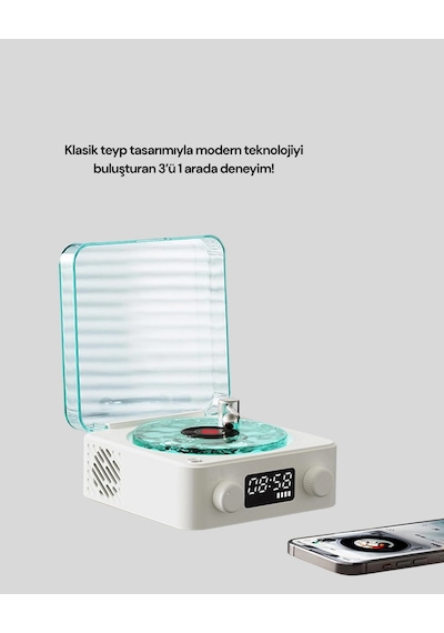 Bluetooth Hoparlör - 3-ü-1 Saatli Gece Lambası Ve Vintage Tasarım