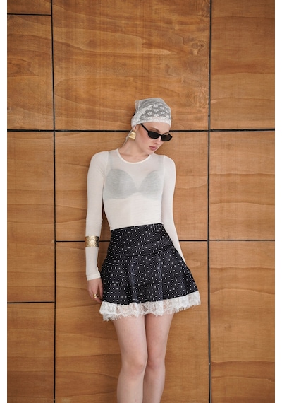 Verymoda Puantiyeli Dantel Detaylı Saten Etek D2962 Siyah