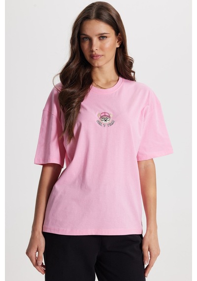 Tudors Kadın Oversize Geniş Kesim %100 Pamuk Bisiklet Yaka Kısa Kollu Baskıllı Pembe Tişört -50801