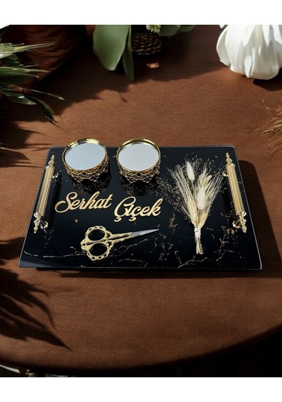 Heartfelt Siyah Cam Söz Nişan Tepsisi Gold Gold