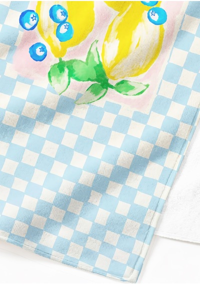 Limon Meyve Temalı Ekose Plaj Havlusu - Akdeniz Modern Mavi Pembe Hızlı Kuruyan Mikrofiber Havlu Uçuk Rüyası
