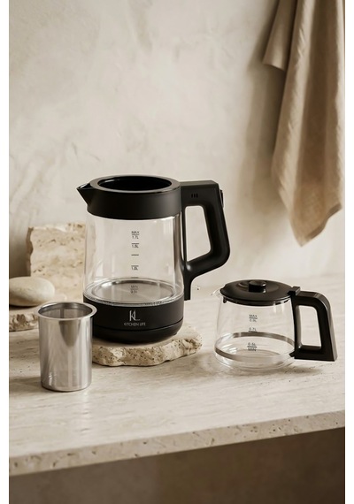 Demzade Isıya Dayanıklı Borosilikat Cam Elektrikli Çay Makinesi Alt 1,7 Lt Üst 0,9 Lt 1850-2200 W Kettle Çaycı Çay Seti