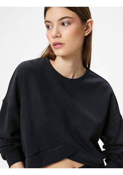 Koton Modal Kumaş Crop Spor Sweatshirt Asimetrik Kesim Bisiklet Yaka Uzun Kollu Siyah 4sak10014nk Siyah