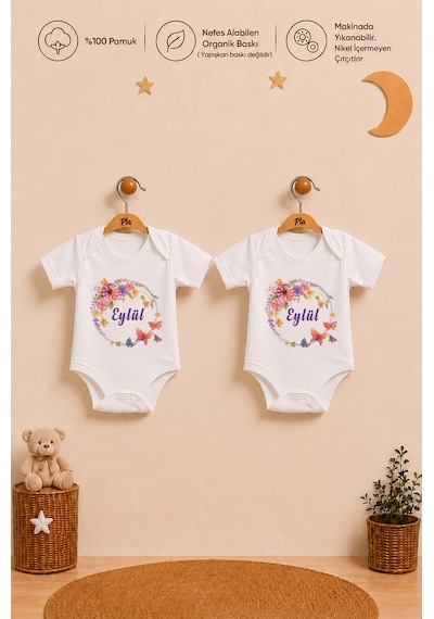 Pia Baby Kız Bebek İsme Özel Hediye Seti 2'li %100 Pamuk Organik Baskılı Body Zıbın Ve Ham Bez Kıyafet Kesesi 2058b2k0x Ekru