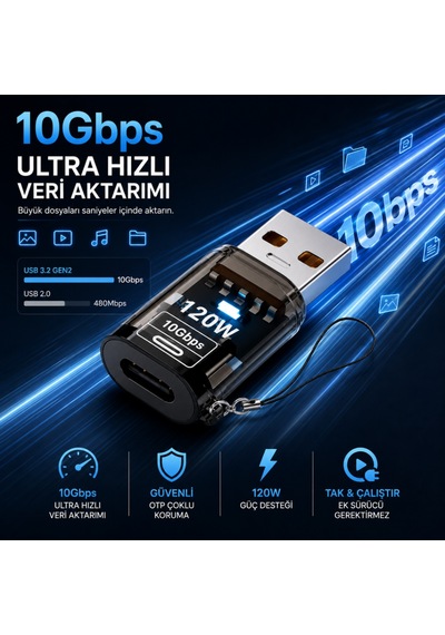 Coofbe Usb Type-c Dönüştürücü Adaptör 120w Hızlı Şarj Destekli 10gbps Usb 3.2 Gen2 Otg Type-c Dönüştürücü Adaptör