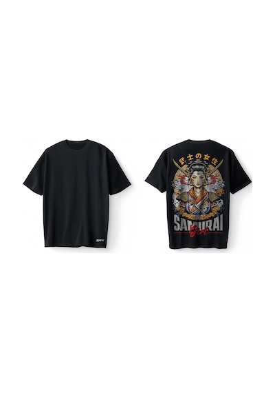 Bumeta Samurai Girl Japon Savaşçı Samuray Anime Baskılı Oversize Unisex Tişört T-shirt Siyah