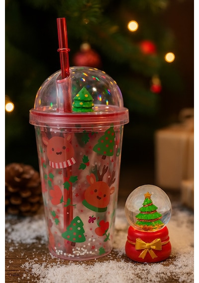 Trend Yeniyıl Yılbaşı 2'li Hediye Seti Noel Geyikli Pipetli Suluk Çam Ağacı Temalı Işıklı Kar Küresi Çok Renkli