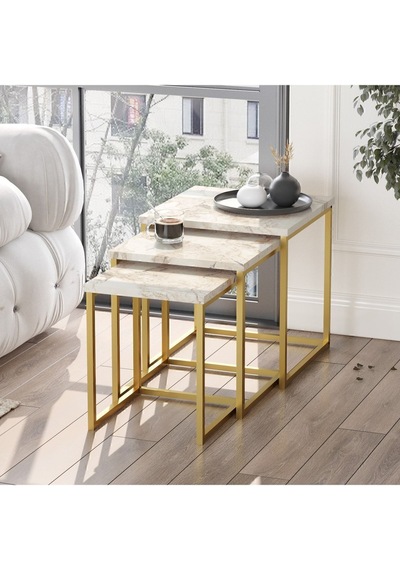 Atlantis 3'lü Gold Metal Zigon Sehpa Mermer Desen Atl7-ge Beyaz