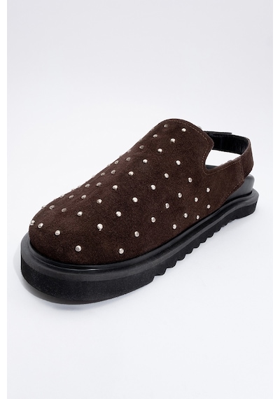Luvishoes Our Kahverengi Hakiki Deri Süet Zımbalı Burnu Kapalı Kadın Sandalet Kahverengi