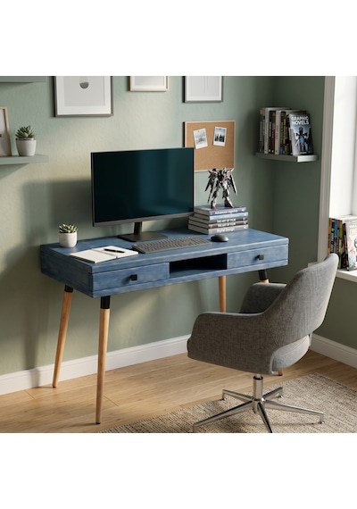Mobenta Modest Desk: Masif Çalışma & Laptop Masası 2 Çekmece 1 Bölme - 120x60 Ig Mavi