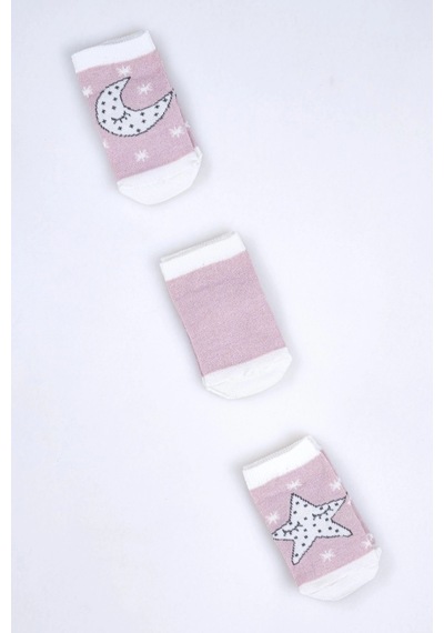 Cocole Socks Kız Bebek Soket Çorabı 3 Lü Set Pamuklu Gül Kurusu Ay & Yıldız Desenli Çok Renkli