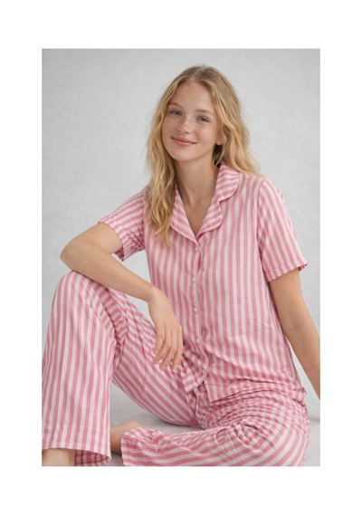 Rindahomewear Pamuklu Örme Kumaş Desenli Düğmeli Pijama Takım Pembe Çizgili