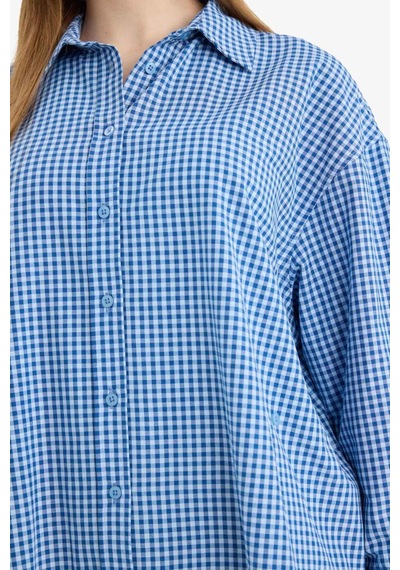 Defacto Regular Fıt Kareli Poplin Uzun Kollu Tunik G9648ax26spbe52 Mavi-be52