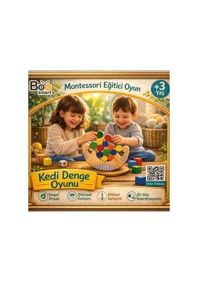 Montessori Kedi Denge Oyunu Ahşap Denge Oyuncağı 3+ Yaş