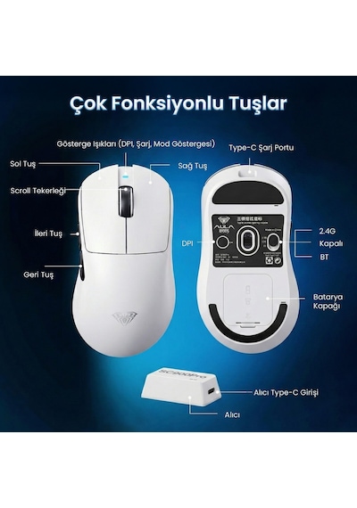 Aula Sc900 Pro Paw3395 Sensör 26000 Dpı 8000hz Kablolu Ve Kablosuz Gaming Oyuncu Mouse Beyaz Sc900-wt